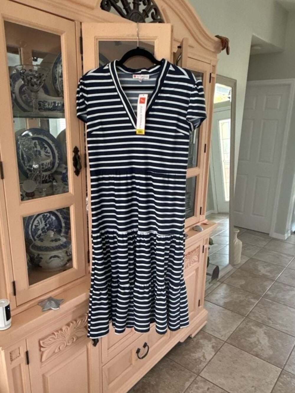 NWT Jude Connally Libby Everyday Stripe Navy White Tiered Midi Dress